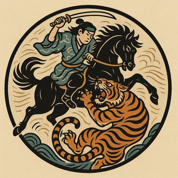 Vintage Japanese Style Block Print Tiger Fight Tee - Picture 2 of 2